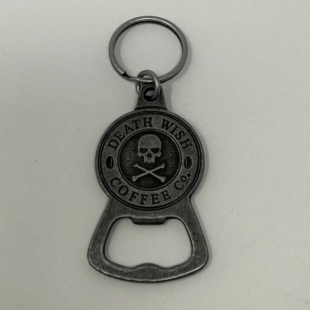 Death Wish Coffee Co‎ Bottle Opener Keychain Silver Skull Crossbones Pewter Tone